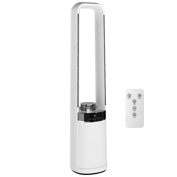 HOMCOM Ventilator de Podea Fără Pale pentru Dormitor, Silențios 36dB, cu Oscilație la 45°, Lumini LED, 3 Viteze, Temporizator 12H, Telecomandă, 94 cm, Alb | Aosom Romania