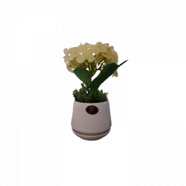 Hortensie galbena artificiala decorativa in ghiveci ceramic, 23 cm