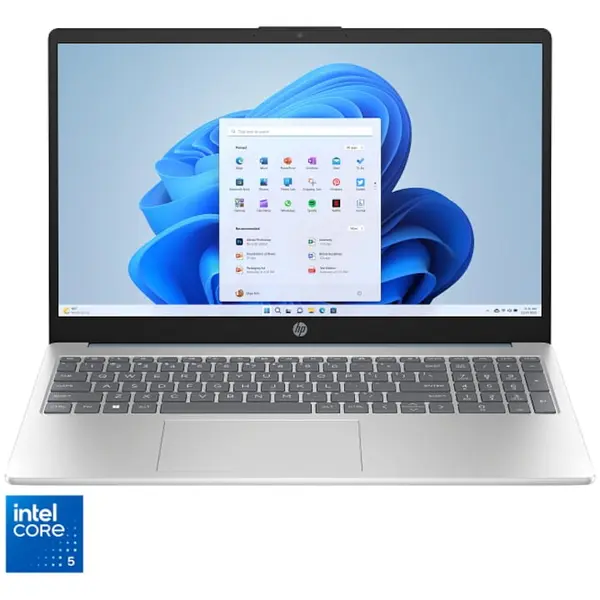 HP Laptop HP 15-fd0111nq, procesor Intel® Core™ 5 120U pana la 5.0 GHz, 15.6 inch, Full HD, 16GB DDR5, 512 GB SSD, Intel® Graphics, Windows 11 Home, Argintiu