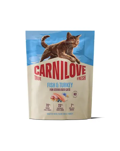 Hrană pentru pisici sterilizate CARNILOVE True Fresh Cat Fish and Turkey Sterilised 400 g cu pește și curcan