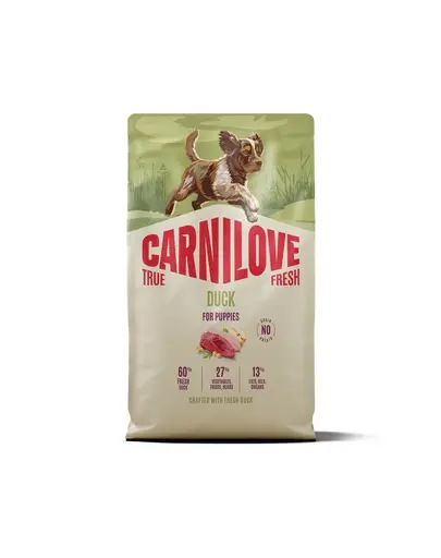 Hrană pui câine CARNILOVE True Fresh Dog Duck Puppies 4 kg cu rață