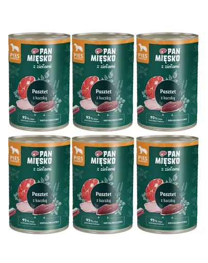 Hrană umedă câini adulți PAN MIĘSKO pate rață 400g hipoalergenică cu ierburi 6x400 g