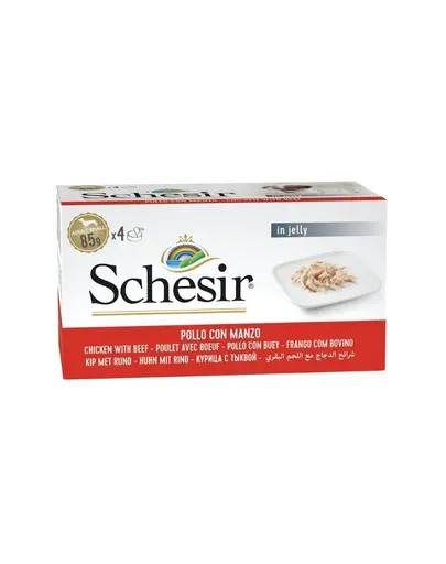 Hrană umedă câini mici Schesir pui cu vită în jeleu 4x85 g