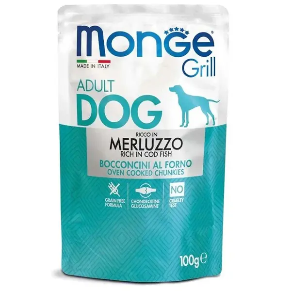 Hrana umeda caini, Monge Grill Adult Dog, Cod, 100 g