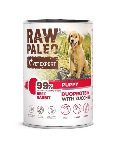 Hrana umeda cu vita RAW PALEO Beef Rabbit Puppy 400g pentru catelusi