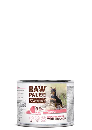 Hrană umedă pentru câini, adult, Raw Paleo Duo Protein, Porc cu Miel și Broccoli, 200g
