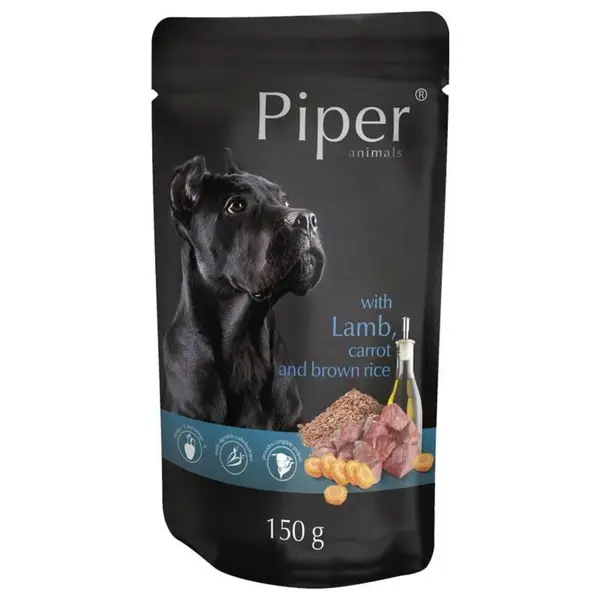 Hrana umeda pentru caini Piper Adult, Miel, Morcovi si Orez brun 150g
