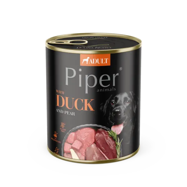 Hrana umeda pentru caini PIPER DOG, carne de rata si pere- 800g