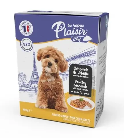 Hrana umeda pentru caini Plaisir Chef, File cu pasare, orez si morcovi, 12 x 380g