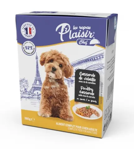 Hrana umeda pentru caini Plaisir Chef, File cu pasare, orez si morcovi, 380g