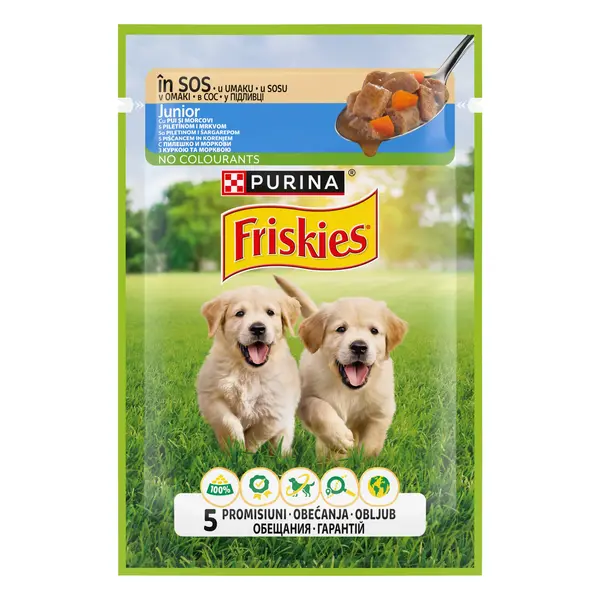 Hrana umeda pentru caini, Purina Friskies Junior cu Pui si Morcovi in Sos, 85g 85g