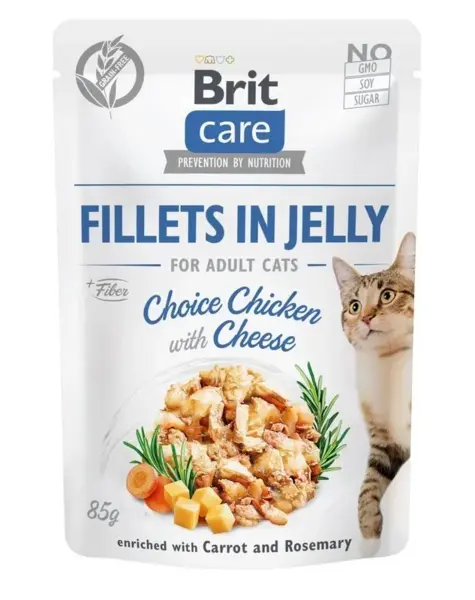 Hrana umeda pentru pisici Brit Care Fillets in Jelly cu pui branza 85 gr
