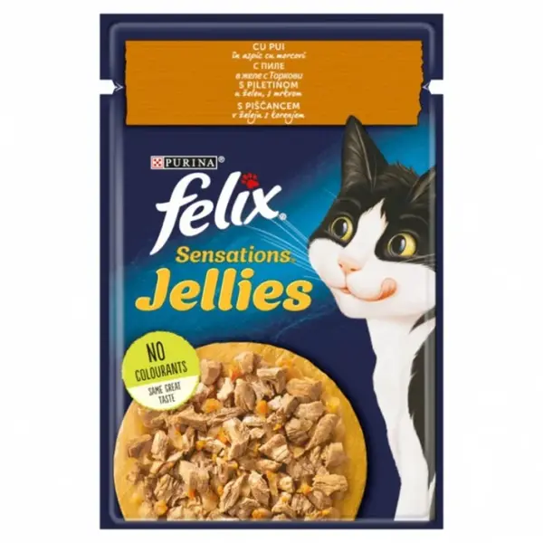 Hrana umeda pentru pisici Felix Sens Jellies cu pui morcov 85 gr