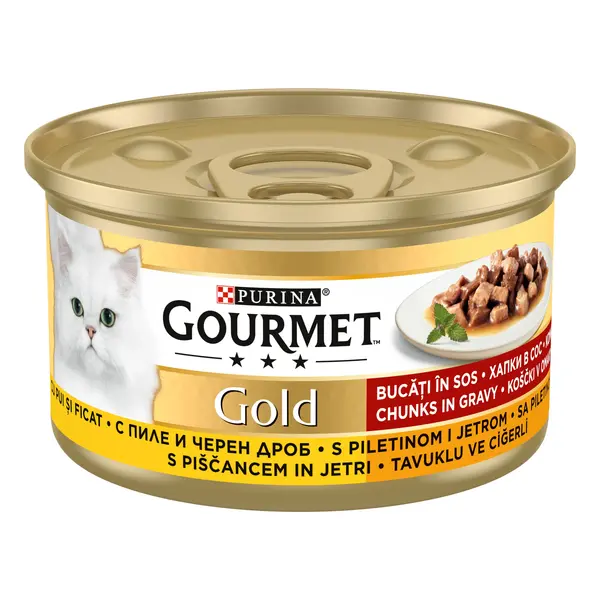 Hrana umeda pentru pisici Gourmet Gold, Pui si Ficat in sos, 85 g 85g