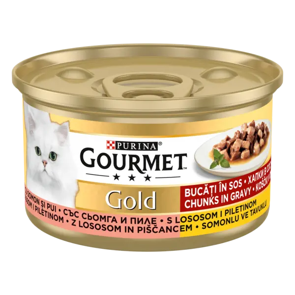 Hrana umeda pentru pisici Gourmet Gold, Somon si Pui, 85 g 85g