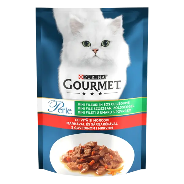 Hrana umeda pentru pisici Gourmet Perle, Mini Fileuri in Sos Vita si Morcovi, 85 g 85g