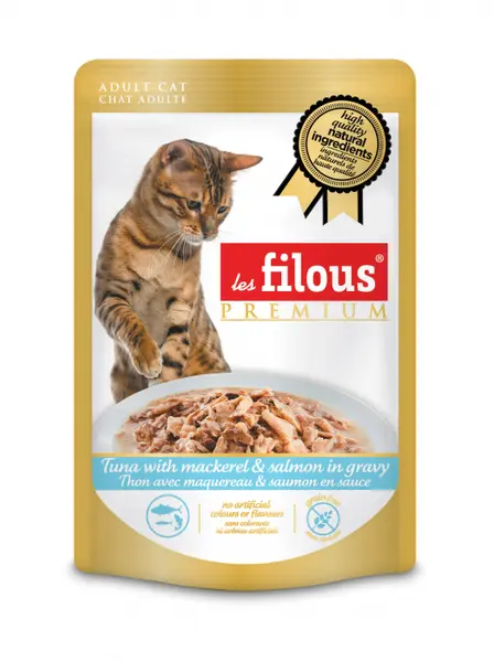 Hrana umeda pentru pisici Les Filous, Ton, macrou si somon in sos, 80g