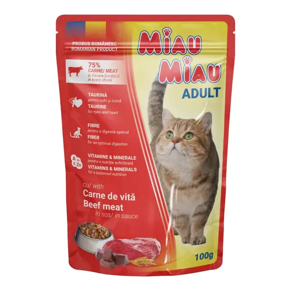 Hrana umeda pentru pisici Miau-Miau, Vita in sos, plic 100g 100g