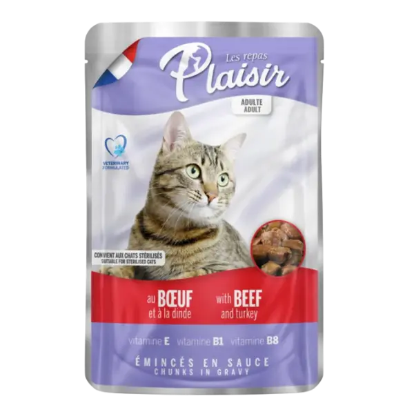 Hrana umeda pentru pisici Plaisir, Sterilizat, Vita si curcan, 22 x 100g