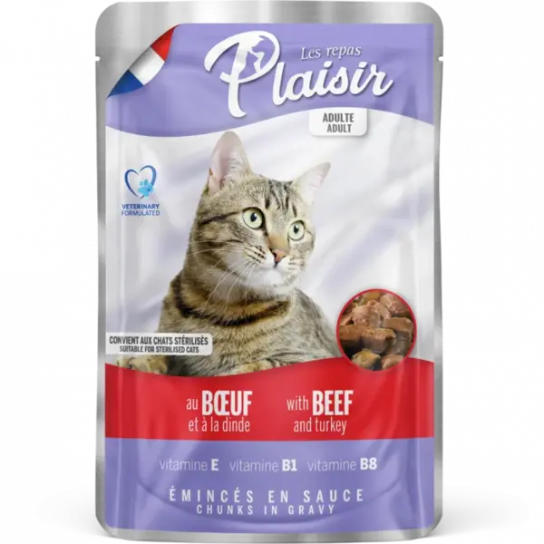 Hrana umeda pentru pisici Plaisir, Sterilizat, Vita si curcan, 100g