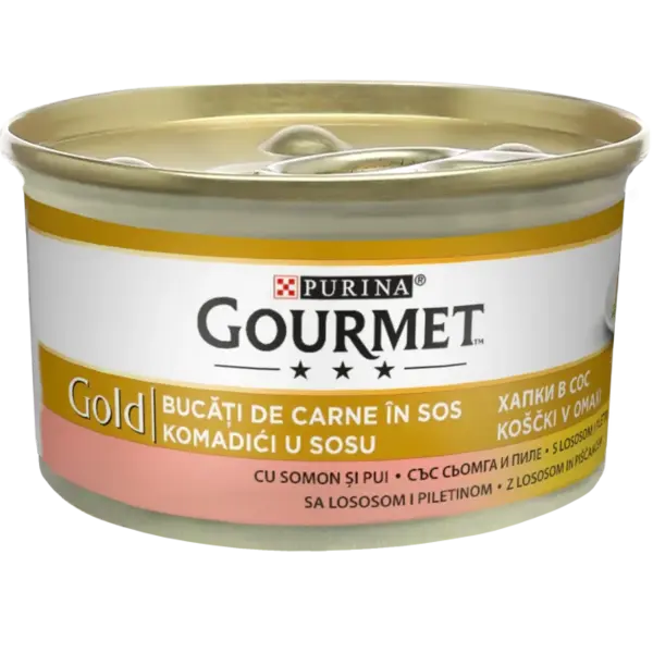 Hrana umeda pentru pisici Purina Gourmet Gold, Pui si somon in sos, 85g
