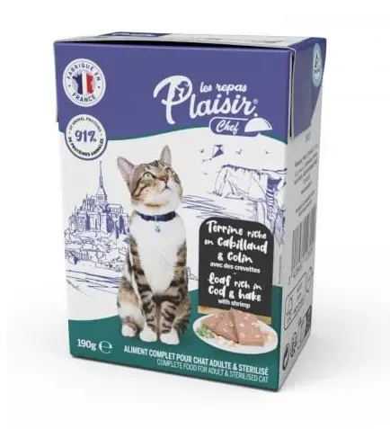 Hrana umeda pentru pisici sterilizate Plaisir Chef, Pate cu cod, merluciu si creveti, 190g