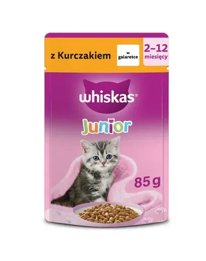 Hrană umedă pisoi în gelatină WHISKAS Junior 85 g plic cu pui