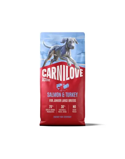 Hrană uscată 12 kg pentru câini juniori în creștere de rase mari CARNILOVE Active Dog Salmon & Turkey Junior Large Breeds somon și curcan