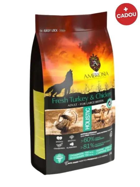 Hrana uscata pentru caini Ambrosia Adult, Curcan proaspat si pui, hipoalergenic, fara cereale, 12kg