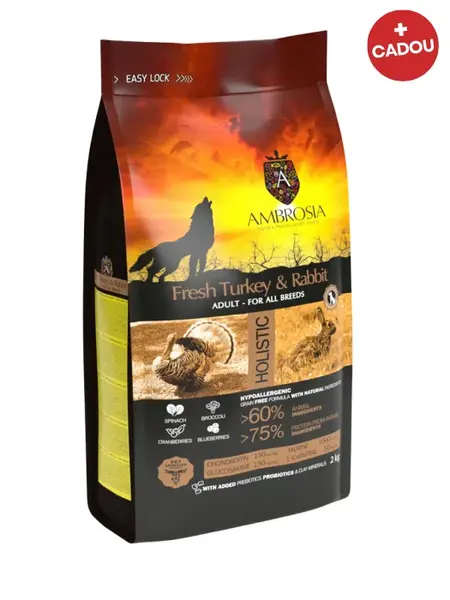 Hrana uscata pentru caini Ambrosia Adult, Curcan si iepure, hipoalergenic, fara cereale, 12kg