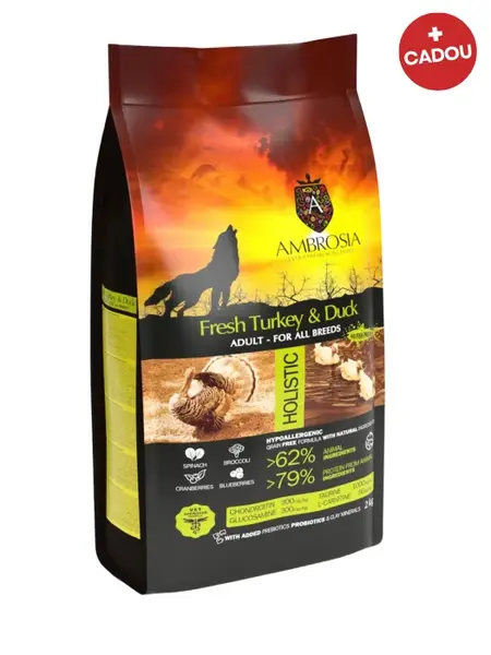 Hrana uscata pentru caini Ambrosia Adult, Curcan si rata, hipoalergenic, fara cereale, 12kg