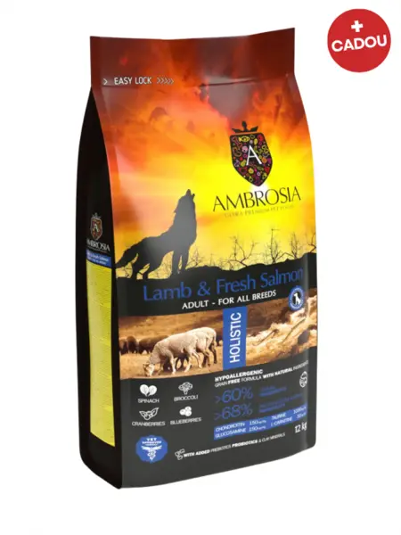 Hrana uscata pentru caini Ambrosia Adult, Miel si somon proaspat, hipoalergenic, fara cereale, 12kg
