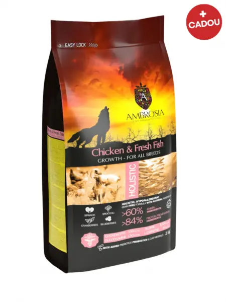 Hrana uscata pentru caini Ambrosia Junior, Pui si peste, hipoalergenic, fara cereale, 6kg