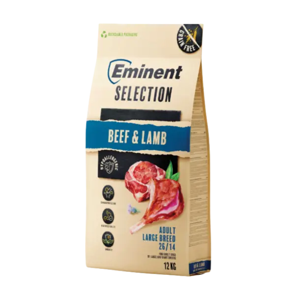 Hrana uscata pentru caini Eminent Selection Adult Large, Vita si miel, Grain free, 26 14, 12kg