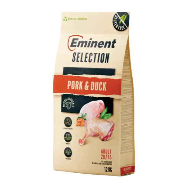 Hrana uscata pentru caini Eminent Selection Adult, Porc si rata, Gluten free, 28 15, 12kg