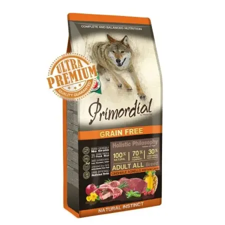 Hrana uscata pentru caini Primordial Grain-Free All Breed cu mistret miel 12 kg