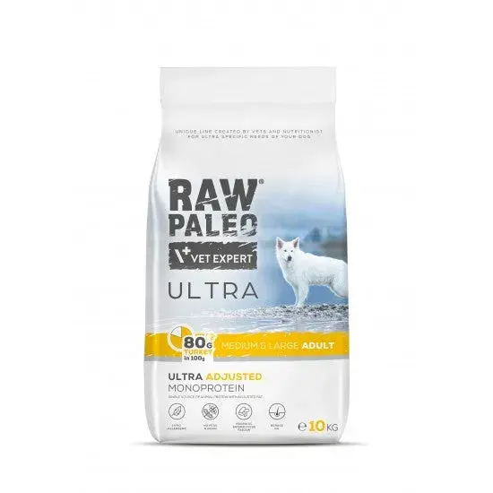 Hrana uscata pentru caini Raw Paleo Ultra Medium Large Adult cu curcan 10 kg
