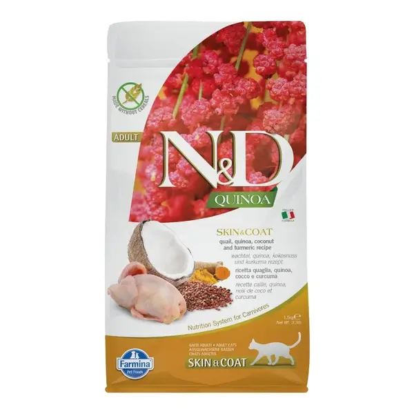 Hrana uscata pentru pisici ND Quinoa Adult Skin Coat cu prepelita cocos 1,5 kg