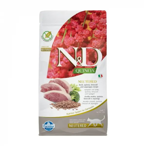 Hrana uscata pentru pisici ND Quinoa Neutred cu rata, broccoli sparanghel 1,5 kg