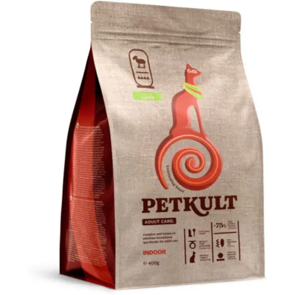 Hrana uscata pentru pisici Petkult Adult Care Indoor pentru pisici cu continut ridicat de Miel 400gr
