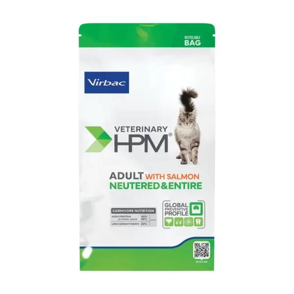 Hrana uscata pentru pisici Virbac HPM Adult Neutered Entire cu somon 1,5 kg