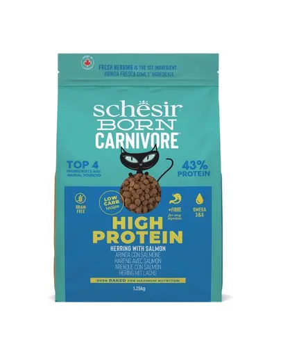 Hrană uscată pisici cu hering și somon Schesir Born Carnivore 1,25 kg fără cereale