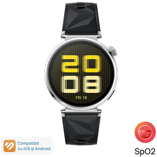 Huawei Ceas inteligent Huawei, GT 5, 41 mm, carcasa din otel inoxidabil opac, curea din fluoroelastomer, Negru