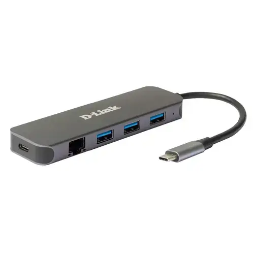 Hub extern D-LINK, porturi 3 x SuperSpeed USB 3.0, 1 x USB-C with data sync & power delivery up to 60W, 1 x RJ-45 Gigabit, conectare prin USB Type C, cablu 10 cm, metalic, Argintiu