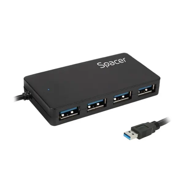 Hub extern Spacer, USB 3.0 x 4, conectare prin USB 3.0, lungime cablu 15cm, Negru