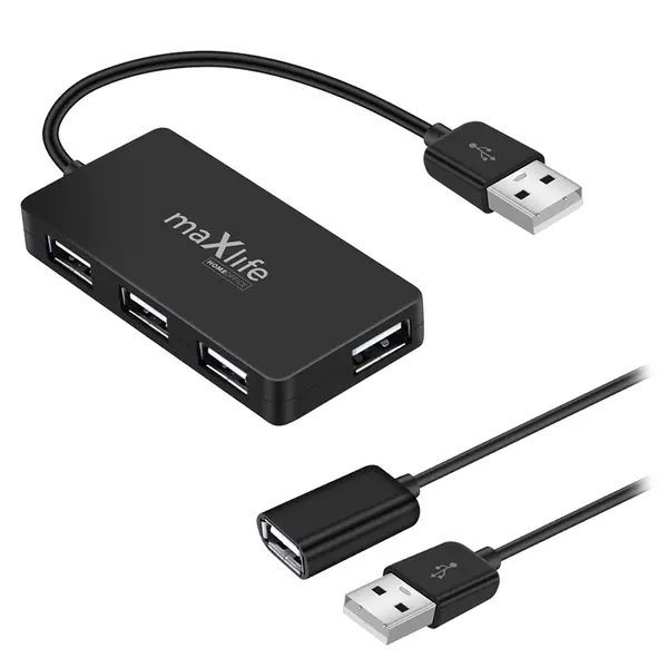Hub Maxlife, USB OEM0002311, 4 porturi USB 3.0, cablu 0.15m si cablu suplimentar 1.5m, USB-A, negru, OEM0002311