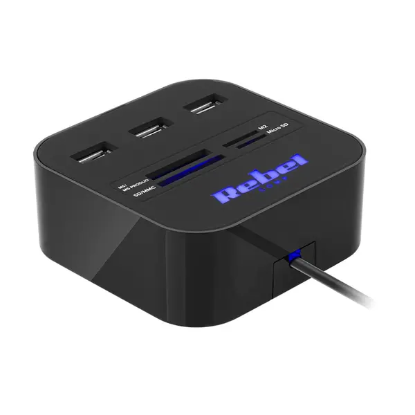 Hub USB 3 porturi cu cititor carduri SD/MicroSD, USB 2.0 480Mb/s, cablu 50 cm, Plug & Play, KOM1020