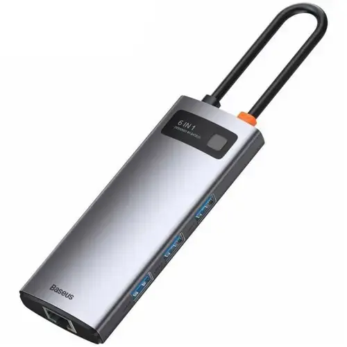 HUB USB Baseus Metal Gleam 6 in 1, conectare PC USB Type-C (Gri)