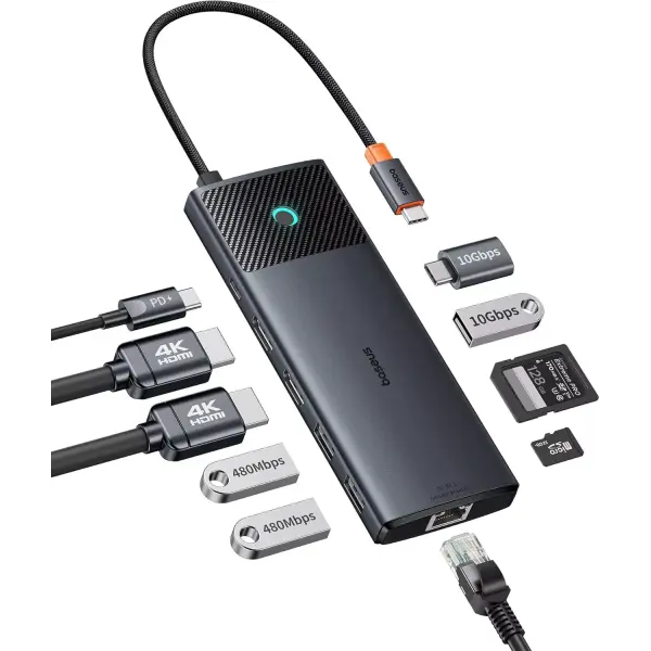 Hub USB-C Baseus Dual Display, 1 x USB-A 3.0 - 2 x USB-A - 2 x USB-C - 2 x HDMI - 1 x RJ45 - 1 x SD - 1 x microSD, Negru B00061800123-01