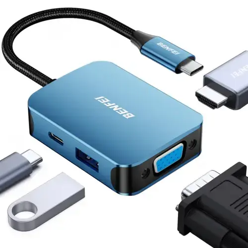 Hub USB-C Benfei, 1 x USB-A 3.0 - 1 x USB-C - 1 x HDMI - 1 x VGA (Albastru)
